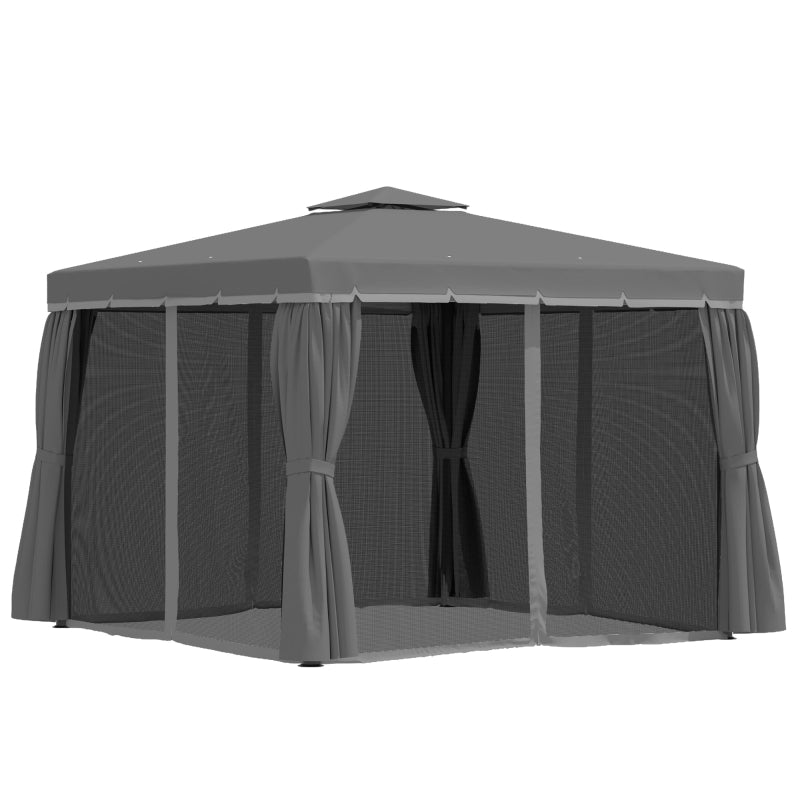 Outsunny 3 x 3(m) Patio Gazebo Canopy Garden Pavilion Tent Shelter Marquee with 2 Tier Water Repellent Roof, Mosquito Netting and Curtains, Dark Grey