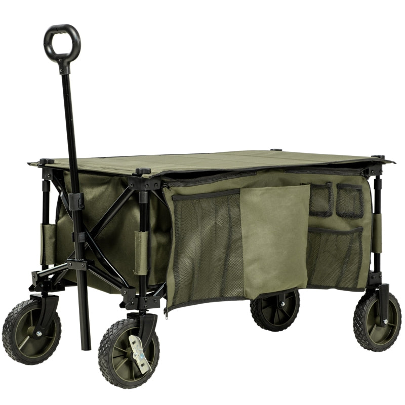 Outsunny Folding Garden Trolley on Wheels, Collapsible Camping Trolley with Folding Board, Outdoor Utility Wagon with Steel Frame Oxford Fabric Green