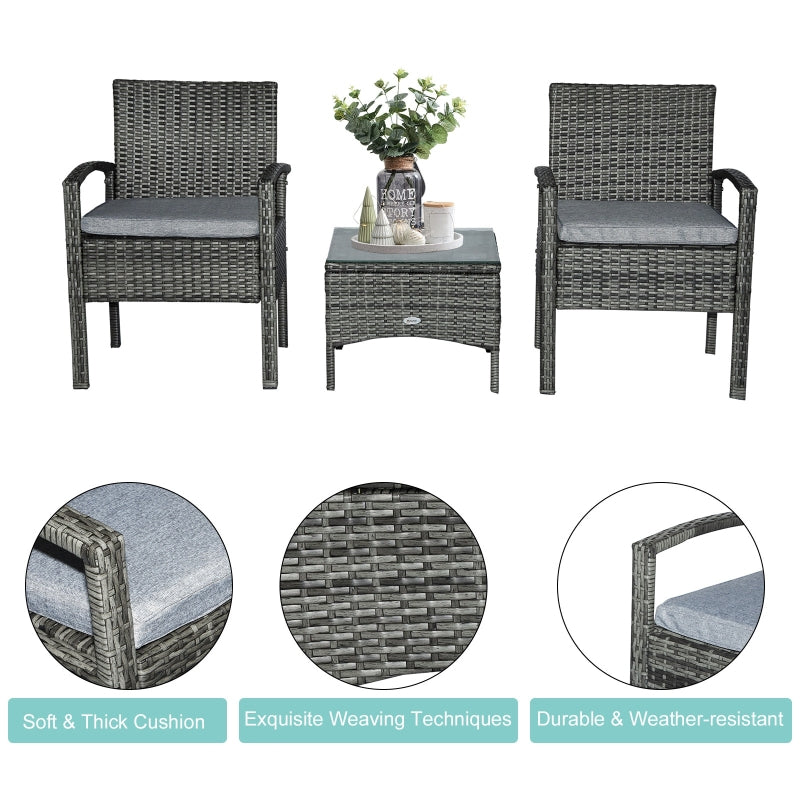 Outsunny 2 Seater Rattan Bistro Set Outdoor Wicker Sofa Chair Coffee Table Set Garden Patio Furniture w/ Cushion - Grey