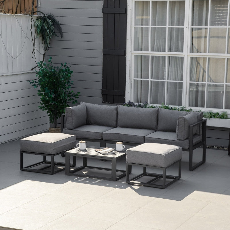 Outsunny Garden Daybed, 6 Piece Outdoor Sectional Sofa Set, Aluminum Patio Conversation Furniture Set with Coffee Table, Footstool and Cushions, Grey