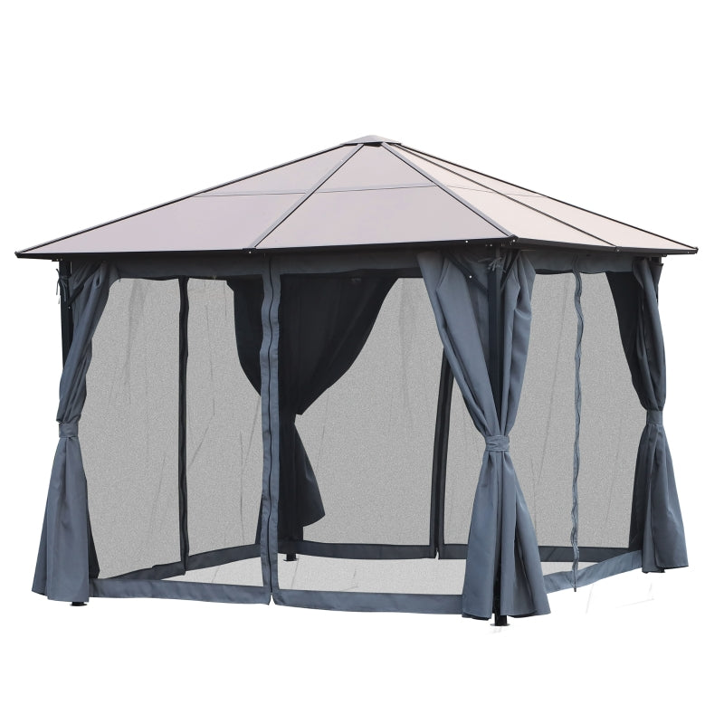 Outsunny 3 x 3(m) Garden Aluminium Gazebo Hardtop Roof Canopy Marquee Party Tent Patio Outdoor Shelter with Mesh Curtains & Side Walls - Grey