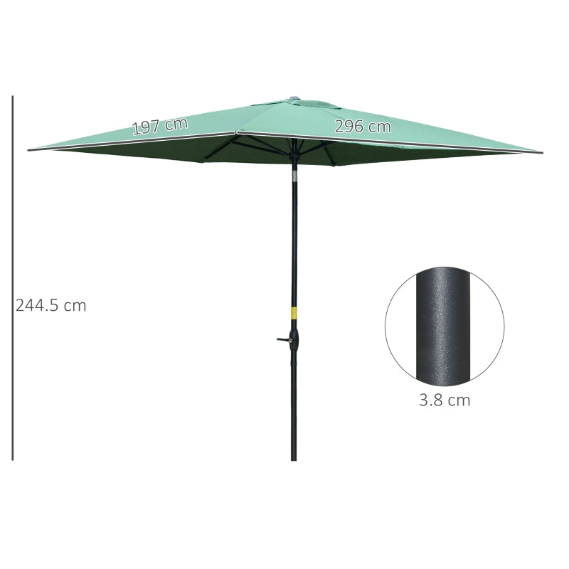 Outsunny 2 x 3m Rectangular Market Umbrella Patio Outdoor Table Umbrellas with Crank & Push Button Tilt, Green