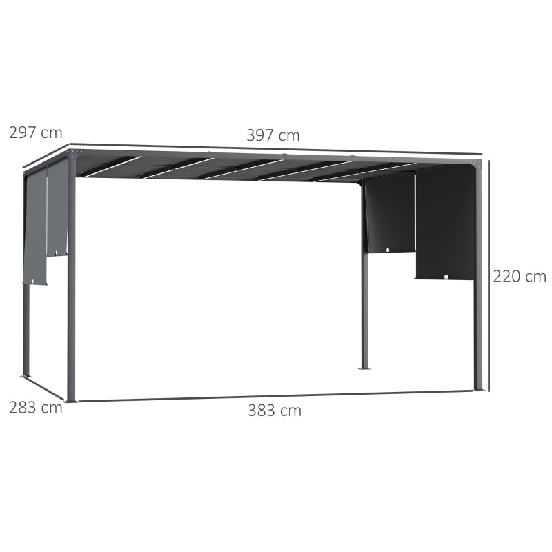 Outsunny 3m x 4m Metal Pergola with Retractable Roof, Outdoor Garden Pergola with LED Lights, Solar Powered, for BBQ, Lawn, Backyard, Dark Grey