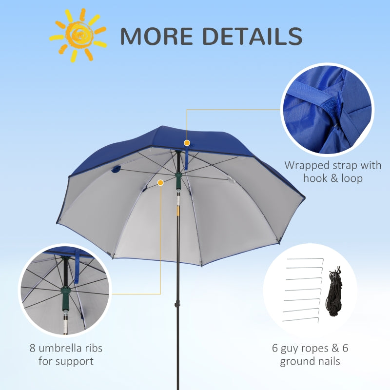 Outsunny 2m Beach Parasol Fishing Umbrella Brolly with Sides and Push Botton Tilt Sun Shade Shelter with Carry Bag, UV30+, Blue