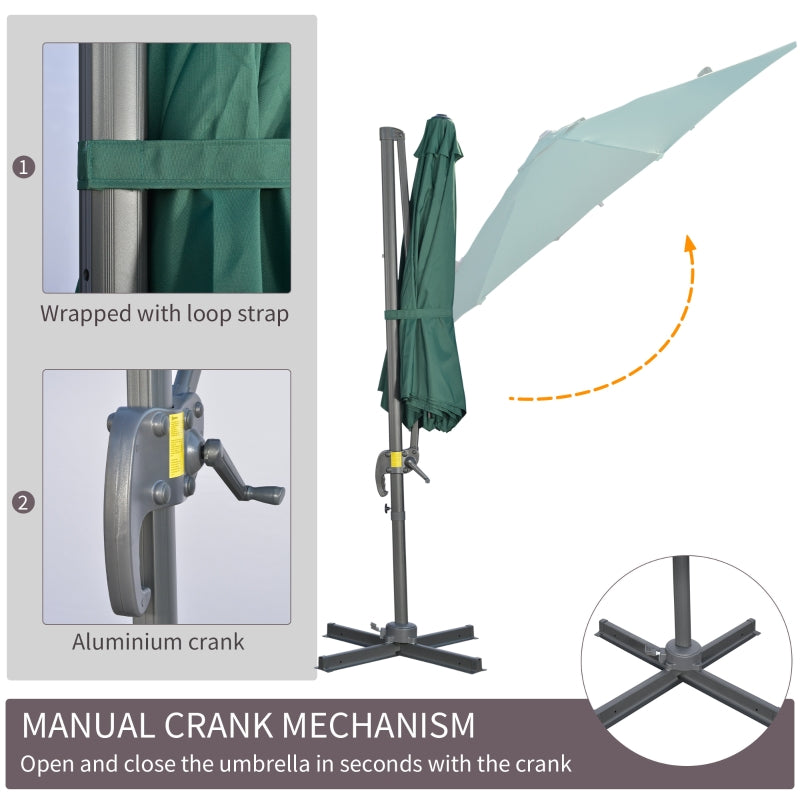 Outsunny 3 x 3(m) Cantilever Parasol with Cross Base, Garden Umbrella with 360° Rotation, Crank Handle and Tilt for Outdoor, Patio, Green