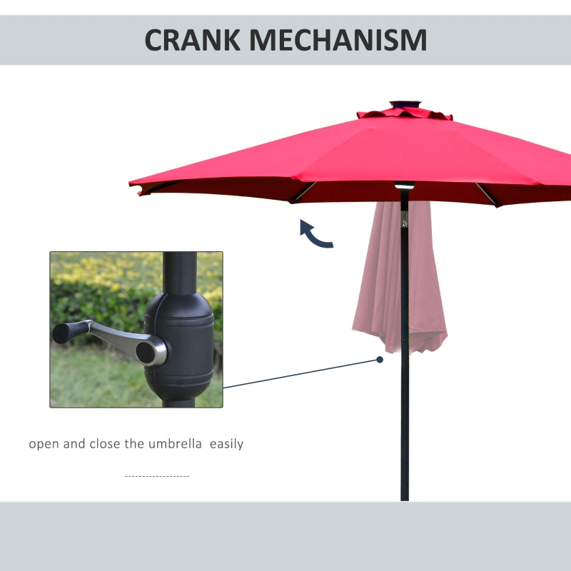 Outsunny 2.7m Garden Parasol Sun Umbrella Patio Summer Shelter w/ LED Solar Light, Angled Canopy, Vent, Crank Tilt, Red