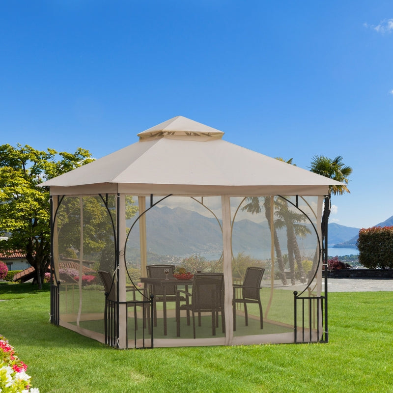 Outsunny 3 x 3 M Garden Gazebo Patio Party Tent Shelter Outdoor Canopy Double Tier Sun Shade Metal Frame Beige