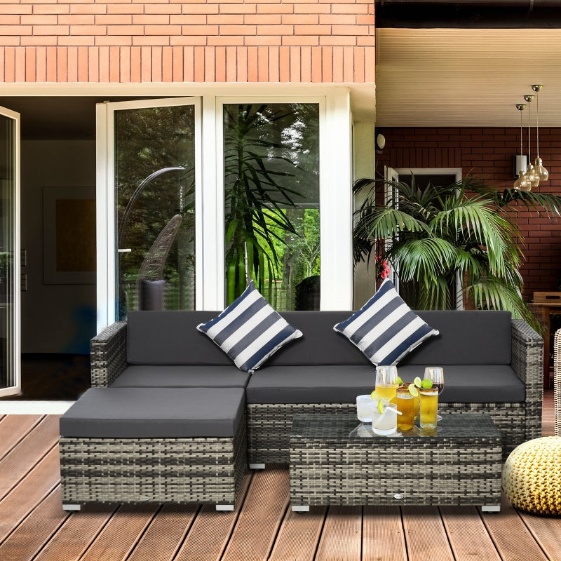 Outsunny 4-Seater Garden Rattan Furniture Set, Outdoor Sectional Conversation PE  Rattan Sofa Set, with Cushions Pillows and Glass Table, Mixed Grey