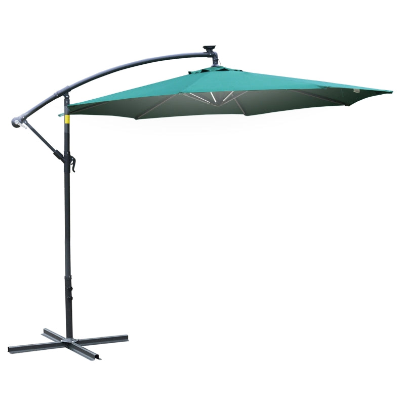 Outsunny 3m LED Cantilever Patio Banana Parasol w/ Crank Cross Base Hanging Offset Umbrella Frame Steel Aluminium Garden Table Outdoor Green