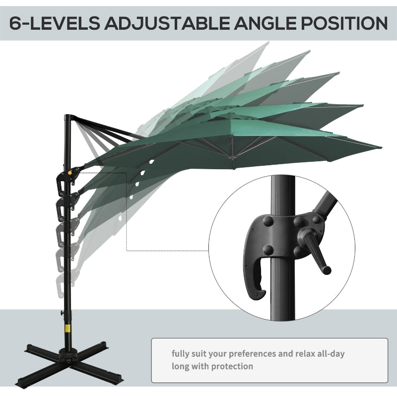 Outsunny 3m Patio Offset Roma Parasol Cantilever Hanging Sun Shade Canopy Shelter 360° Rotation with Cross Base - Green