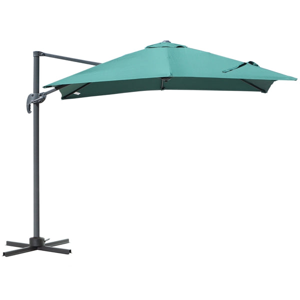 Outsunny 2.5 x 2.5m Square Patio Parasol Offset Cantilever Sun Umbrella 360° Rotation w/ Cross Base - Green