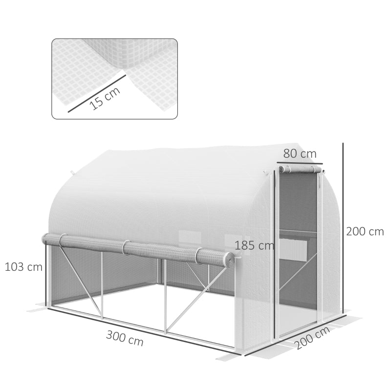 Outsunny 3 x 2m Walk-in Polytunnel Greenhouse, Zipped Roll Up Sidewalls, Mesh Door, Mesh Windows, Tunnel Warm House Tent w/ PE Cover, White