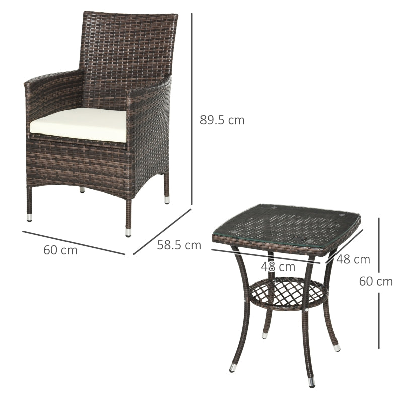 Outsunny Garden Outdoor Rattan Furniture Bistro Set 3 PCs Patio Weave Companion Chair Table Set Conservatory (Brown)