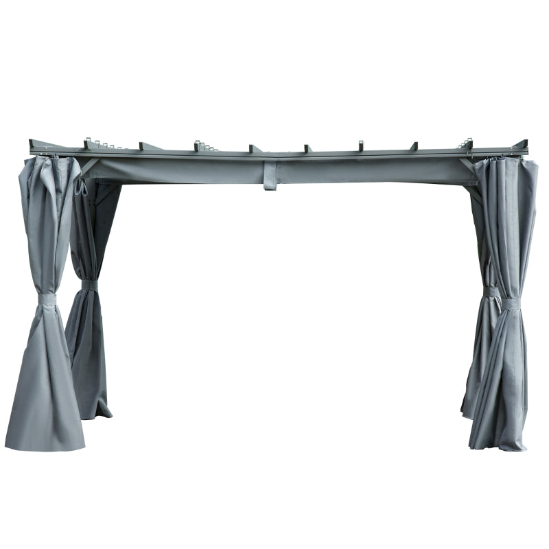 Outsunny 3.6 x 3(m) Outdoor Pergola Gazebo Retractable Canopy Garden Shelter Sun Shade Party with Curtains, Aluminum, Dark Grey