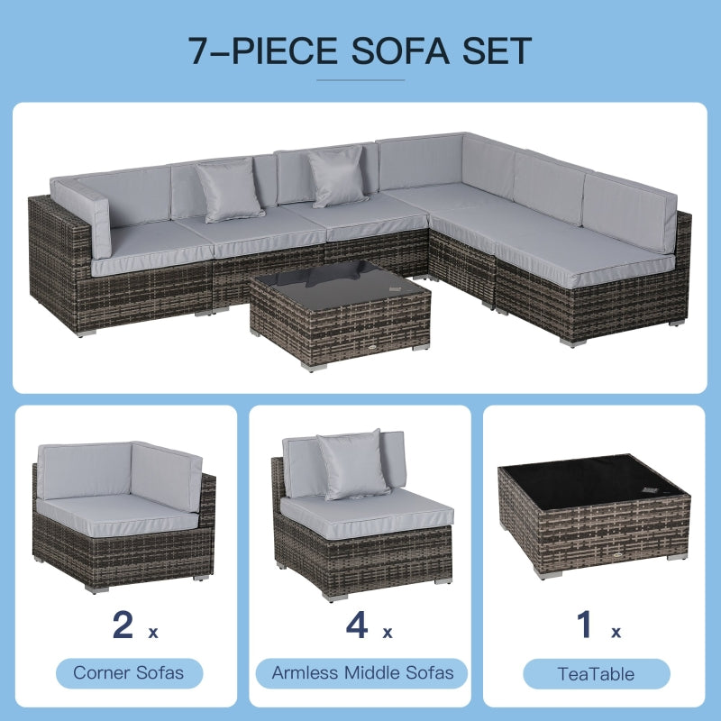 Outsunny 7 PC Garden Rattan Furniture Set Patio Outdoor Sectional Wicker Weave Sofa Seat Coffee Table w/ Cushion and Pillow Buckle Structure