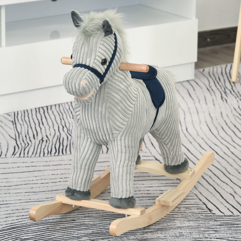 HOMCOM Kids Ride On Ribbed Plush Rocking Horse w/ Sound Grey