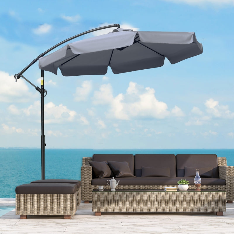 Outsunny 2.7m Banana Parasol Cantilever Umbrella with Crank Handle and Cross Base for Outdoor, Hanging Sun Shade, Dark Grey