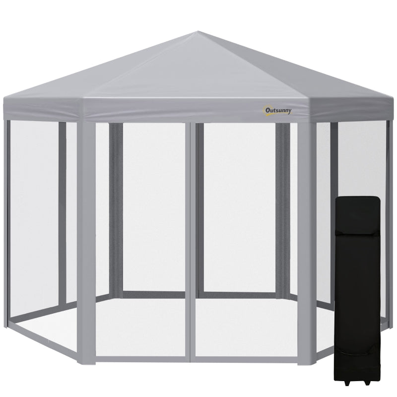 Outsunny 3 x 3(m) Pop Up Gazebo Hexagonal Foldable Canopy Tent Outdoor Event Shelter with Mesh Sidewall, Adjustable Height and Roller Bag, Grey