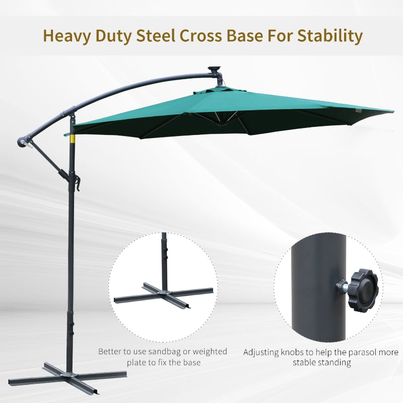 Outsunny 3m LED Cantilever Patio Banana Parasol w/ Crank Cross Base Hanging Offset Umbrella Frame Steel Aluminium Garden Table Outdoor Green