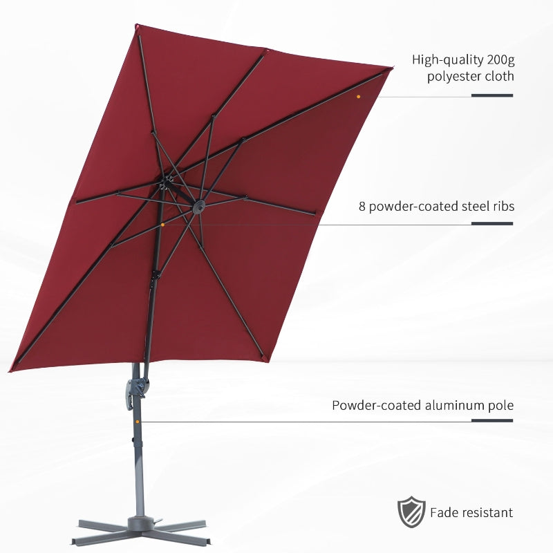 Outsunny 2.5 x 2.5m Cantilever Paraso Patio Offset l Umbrella Hanging Sun Shade Canopy Shelter 360° Rotation with Cross Base - Red