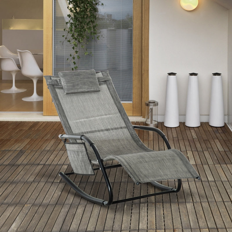 Outsunny Breathable Mesh Rocking Chair Patio Rocker Lounge for Indoor & Outdoor Recliner Seat w/ Removable Headrest for Garden and Patio Dark Grey