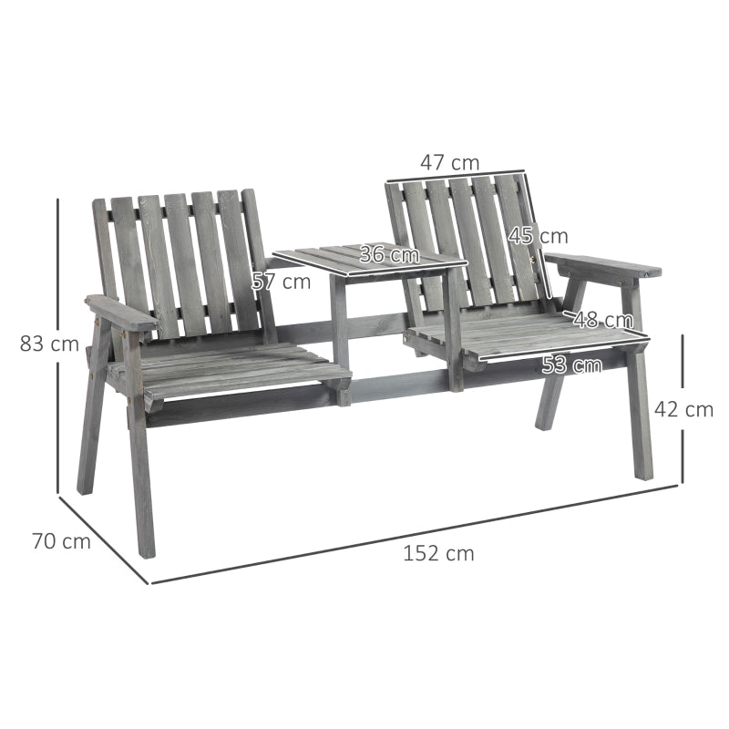 Outsunny 2-Seater Furniture Wooden Garden Bench Antique Loveseat Chair, Table Conversation Set for Yard, Lawn, Porch, Patio, Grey