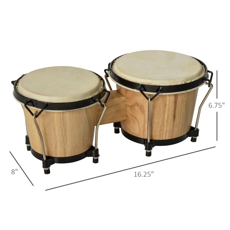 HOMCOM Wooden Bongo Drum Set w/ Sheepskin Drum Head, Percussion Instrument, Φ7.75" & Φ7" Drums, for Kids Adults, w/ Tuning Wrench