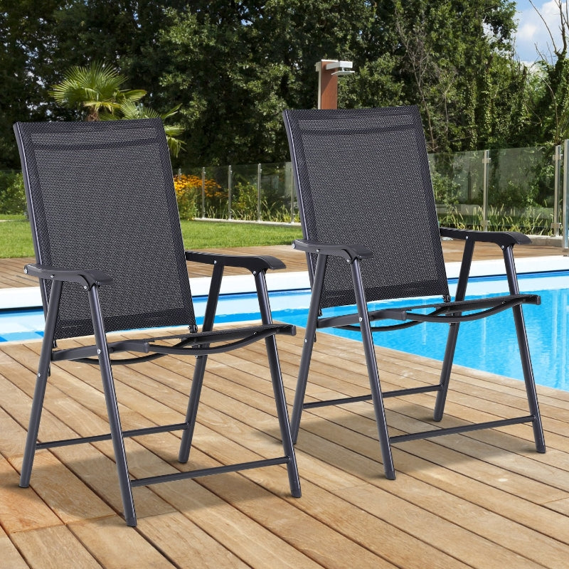 Outsunny Set of 2 Garden Chairs Outdoor Patio Foldable Metal Park Dining Seat Yard Furniture Black