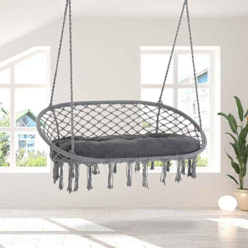 Outsunny Hanging Hammock Chair Cotton Rope Porch Swing with Metal Frame and Cushion, Large Macrame Seat for Garden, Bedroom, Living Room, Dark Grey