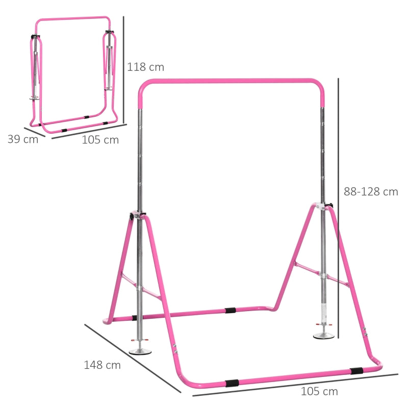 HOMCOM Gymnastics Bar for Kids, Folding Horizontal Bars with Adjustable Height, Training Bar with Triangle Base, Pink