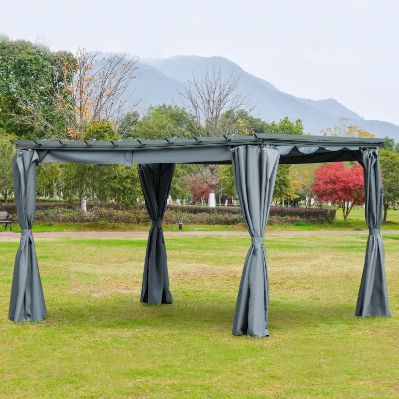 Outsunny 3.6 x 3(m) Outdoor Pergola Gazebo Retractable Canopy Garden Shelter Sun Shade Party with Curtains, Aluminum, Dark Grey