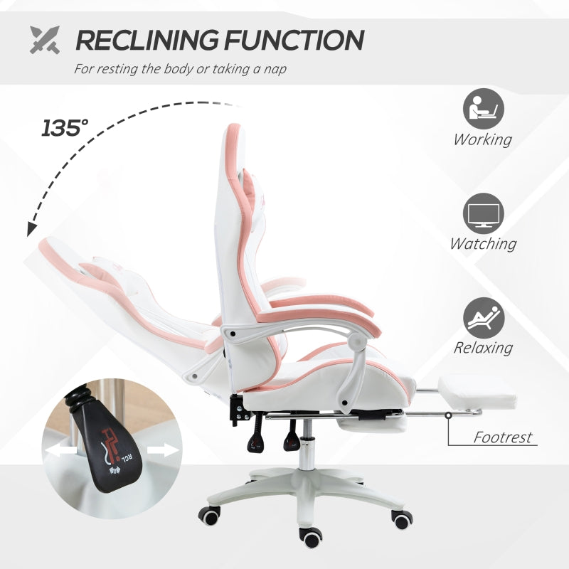 Vinsetto Racing Gaming Chair, Reclining PU Leather Computer Chair with 360 Degree Swivel Seat, Footrest, Removable Headrest White and Pink