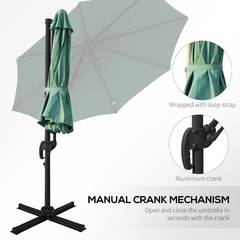 Outsunny 3m Patio Offset Roma Parasol Cantilever Hanging Sun Shade Canopy Shelter 360° Rotation with Cross Base - Green