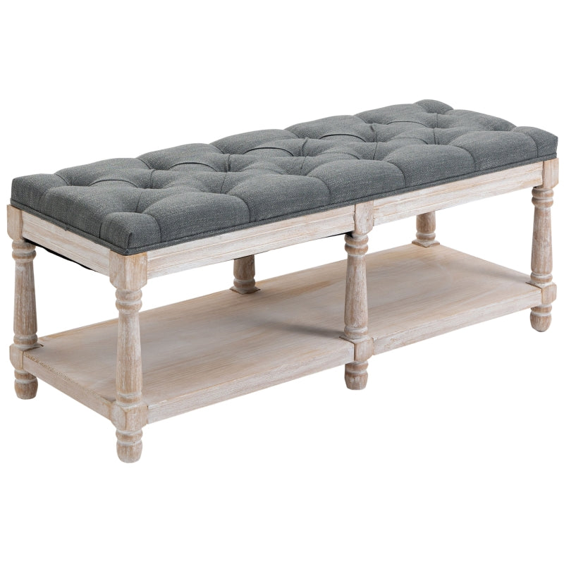 HOMCOM 2 Tier Shoe Rack Bench with Button Tufted Upholstered Cushion, Vintage Bed End Bench, Wooden Window Seat for Hallway, Living Room, Bedroom-Grey