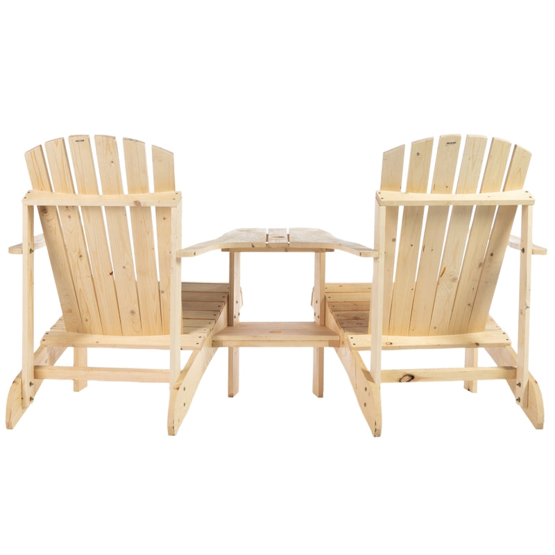 Outsunny Wooden Outdoor Double Adirondack Chairs Loveseat w/ Center Table and Umbrella Hole, Garden Patio Furniture for Lounging and Relaxing, Natural