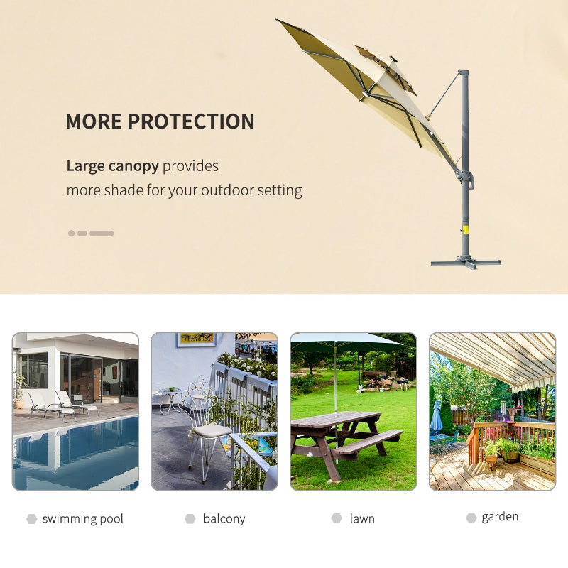 Outsunny 3m Cantilever Parasol w/ Solar Lights Power Bank Cross Base Adjustable Canopy 360° Spin Outdoor Garden Umbrella 2-Tier Roof Sun Shade Khaki