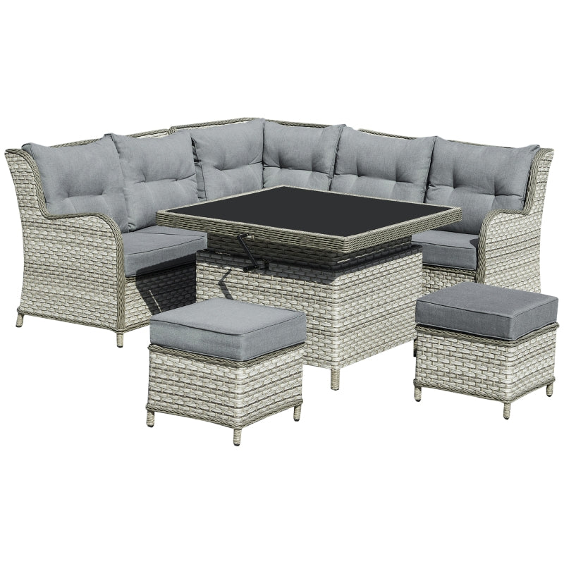 Outsunny 7-Seater Patio PE Rattan Corner Sofa w/ Adjustable Convertible Rising Table, Wicker Sectional Conversation Furniture w/ Cushions, Grey