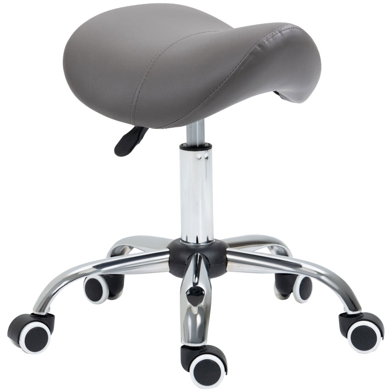 HOMCOM Cosmetic Stool 360° Rotate Height Adjustable Salon Massage Spa Chair Hydraulic Rolling Faux Leather Saddle Stool, Grey