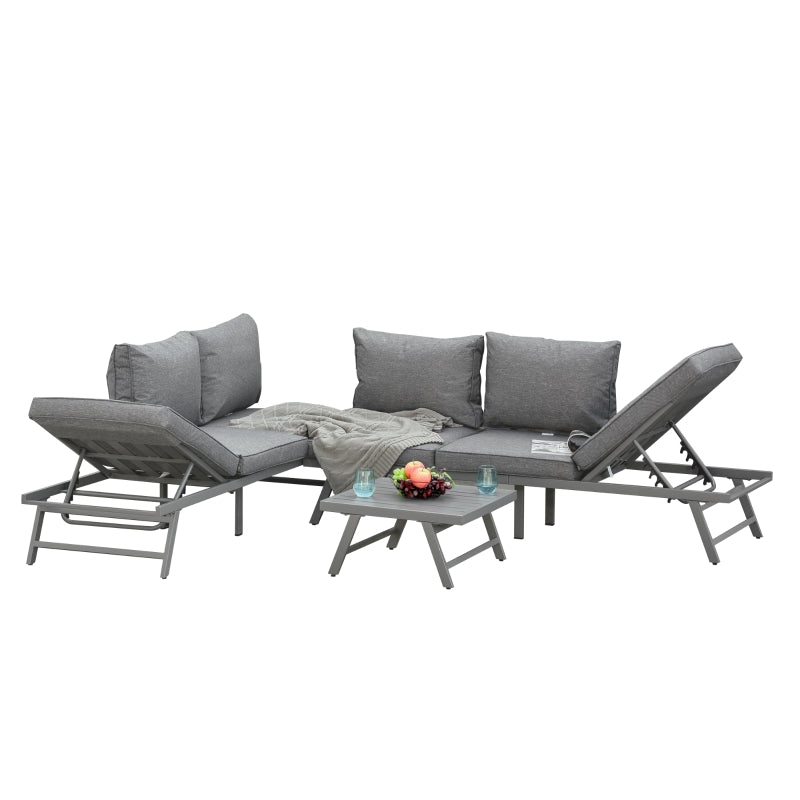 Outsunny 3 Pcs Garden Seating Set w/ Convertible Sofa Lounge Table Padded Cushions Outdoor Patio Furniture Couch Grey