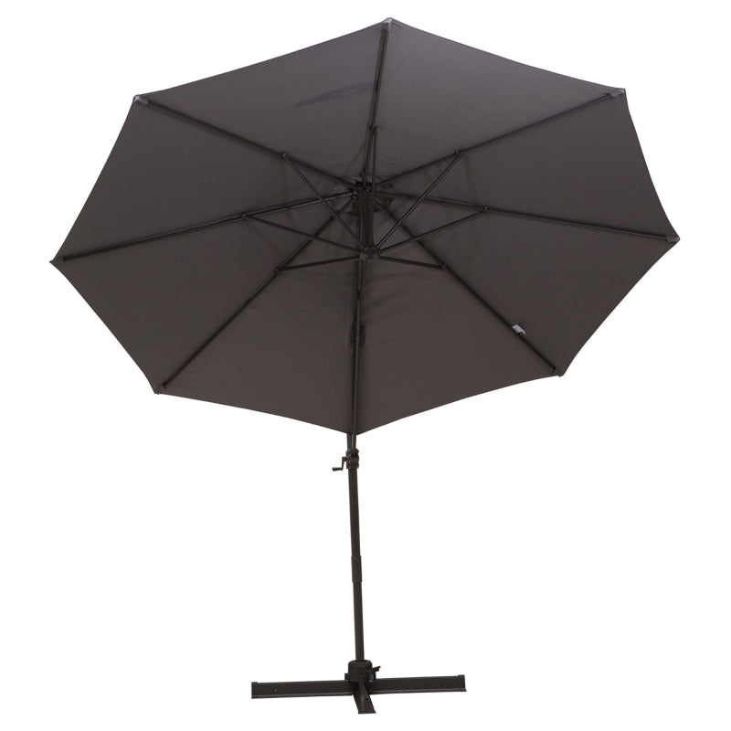 Outsunny 3M Roma Umbrella Sun Shade Cantilever Hanging Parasol w/ Cross Base Hand Crank Aluminium Frame 360°Rotation - Grey