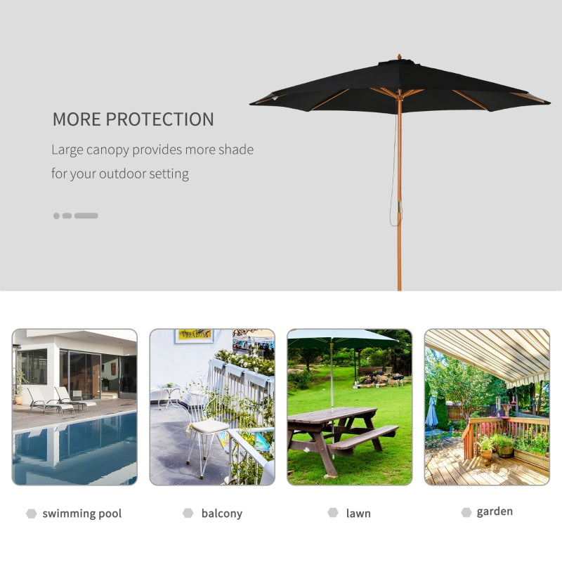 Outsunny ⌀3m Bamboo Wooden Market Patio Umbrella Garden Parasol Outdoor Sunshade Canopy, 8-ribs,Black