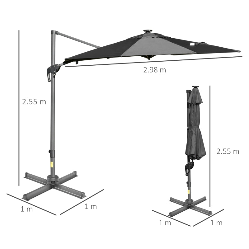 Outsunny 3m Cantilever Roma Parasol Adjustable Garden Sun Umbrella with LED Solar Light, Aluminum Frame, Tilt & Crank, UV50+, Dark Grey