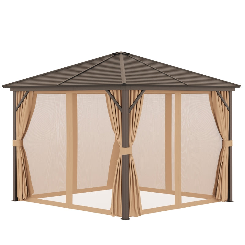 Outsunny 3 x 3 Meters Patio Aluminium Gazebo Hardtop Metal Roof Canopy Party Tent Garden Outdoor Shelter with Mesh Curtains & Side Walls - Brown