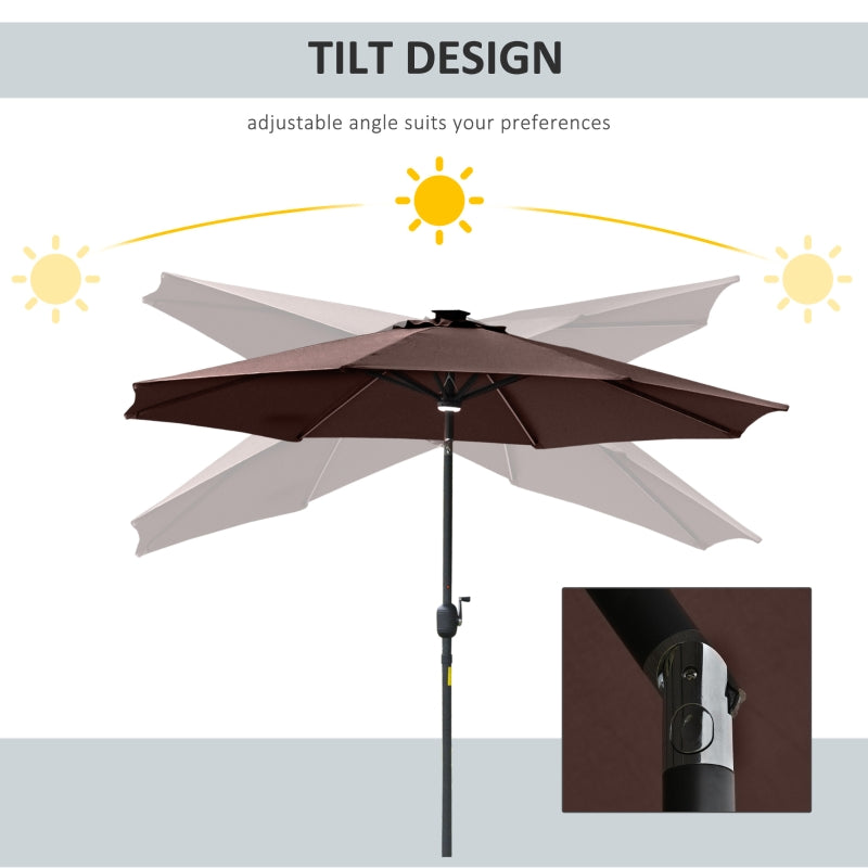 Outsunny 2.7m Garden Parasol Sun Umbrella Patio Summer Shelter w/ LED Solar Light, Angled Canopy, Vent, Crank Tilt, Coffee Brown