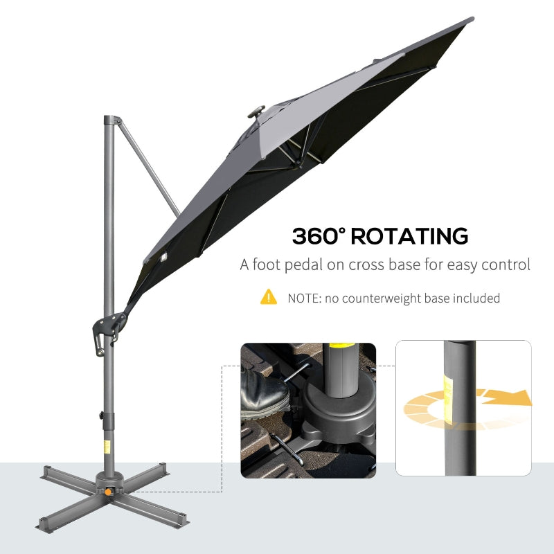 Outsunny 3m Cantilever Roma Parasol Adjustable Garden Sun Umbrella with LED Solar Light Cross Base Rotating Outdoor- Grey