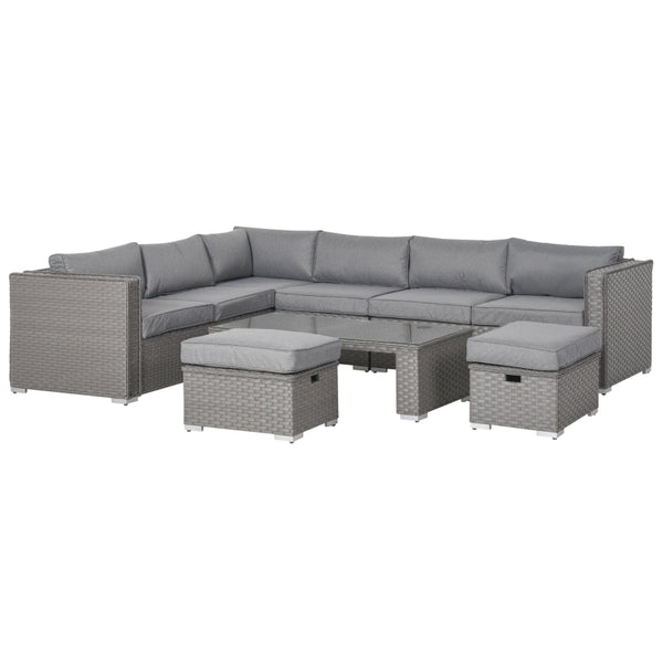 Outsunny 8-Seater PE Rattan Garden Corner Sofa Set Outdoor Wicker Conservatory Furniture Coffee Table Footstool, Grey