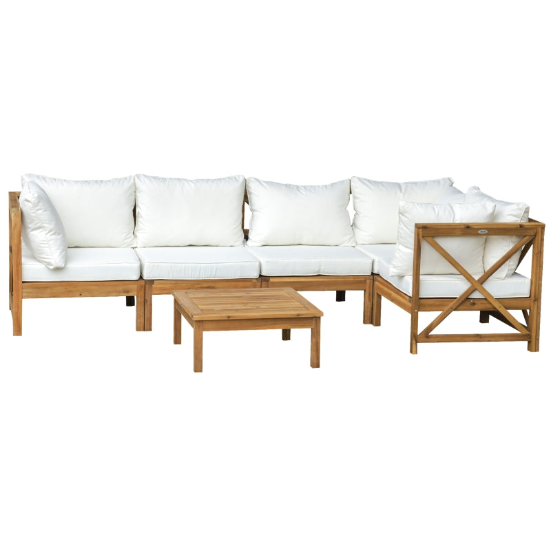 Outsunny 6pcs Patio Furniture Set Garden Sofa Set 1 Coffee Table Suitable with Cushions for Outdoor Indoor Balcony Poolside Acacia Wood Cream White