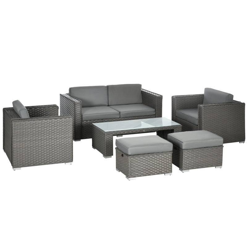 Outsunny 6PC Garden Rattan Sofa Set Outdoor Furniture Patio Table Loveseat Stool Lounging Ottoman Aluminium Frame Wicker Weave Conservatory Grey