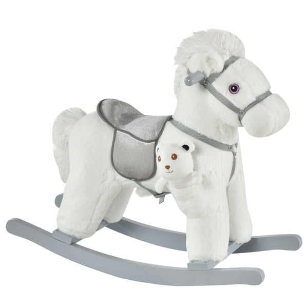 HOMCOM Kids Plush Ride-On Rocking Horse Toy Rocker with Plush Toy Realistic Sounds for Child 18-36 Months White