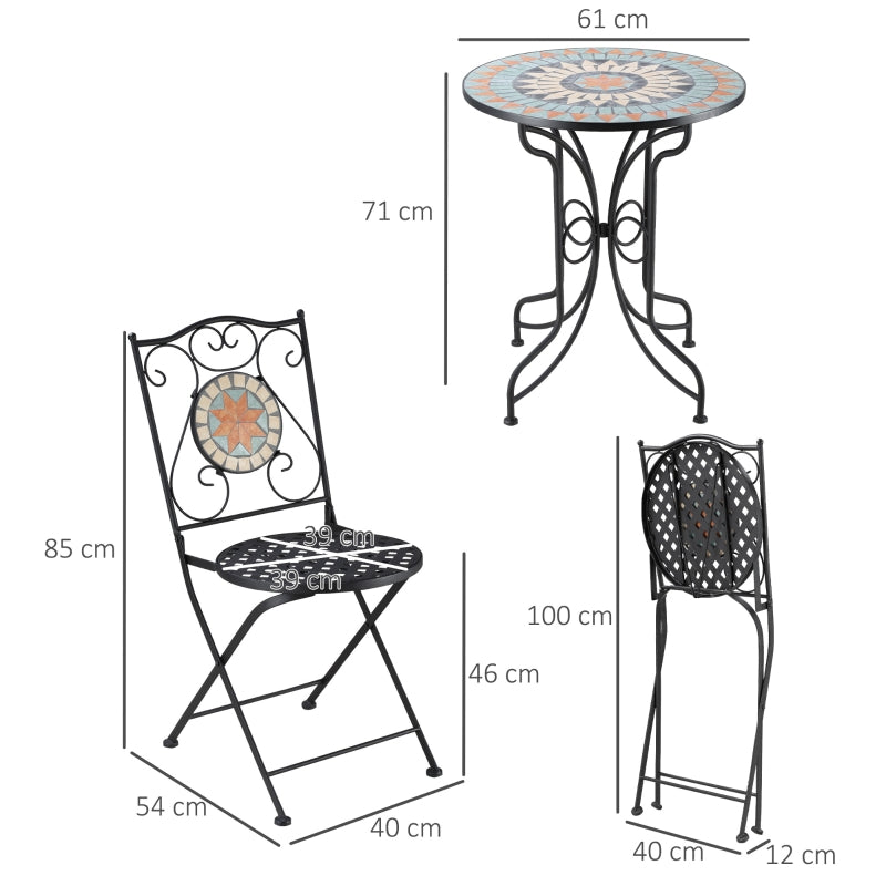 Outsunny 3 Piece Garden Bistro Set, Folding Patio Chairs and Mosaic Round Tabletop for Outdoor, Metal, Balcony, Poolside, Light Blue